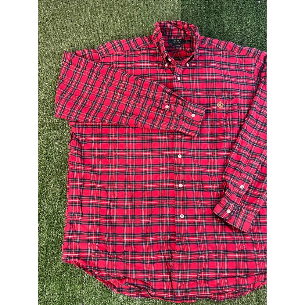 Lauren Ralph Lauren Mens‎ Red Plaid Button Down Shirt Crest Logo Large LG